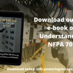 A promotional image showing a tablet displaying the cover of Powering Chicago's e-book titled 'Understanding NFPA 70B: Ensuring Electrical Safety and Reliability.' The tablet is positioned against a blurred background of electrical equipment. White text overlays read 'Download our free e-book on Understanding NFPA 70B' with a download link at info.poweringchicago.com/nfpa70b