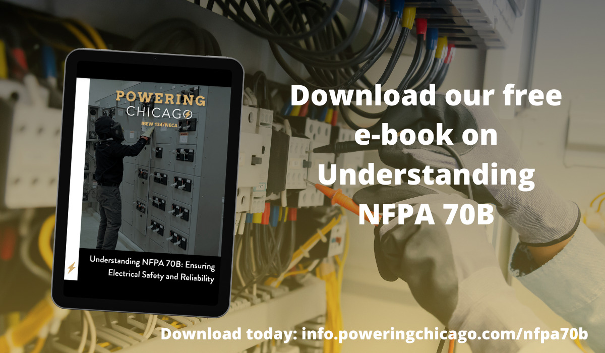 A promotional image showing a tablet displaying the cover of Powering Chicago's e-book titled 'Understanding NFPA 70B: Ensuring Electrical Safety and Reliability.' The tablet is positioned against a blurred background of electrical equipment. White text overlays read 'Download our free e-book on Understanding NFPA 70B' with a download link at info.poweringchicago.com/nfpa70b