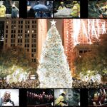 Images of City of Chicago Christmas tree lit up surrounded by images of McWilliams Electric installing the tree lights.