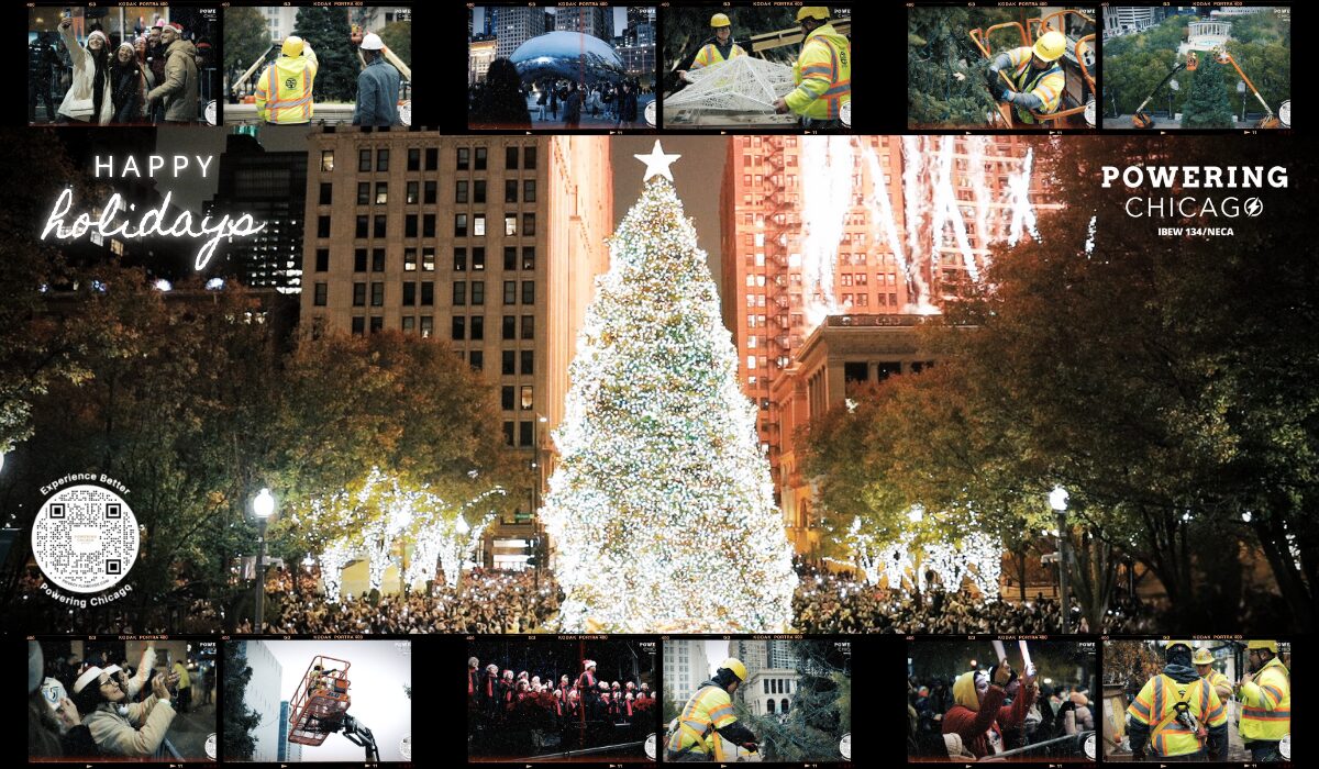 Images of City of Chicago Christmas tree lit up surrounded by images of McWilliams Electric installing the tree lights.